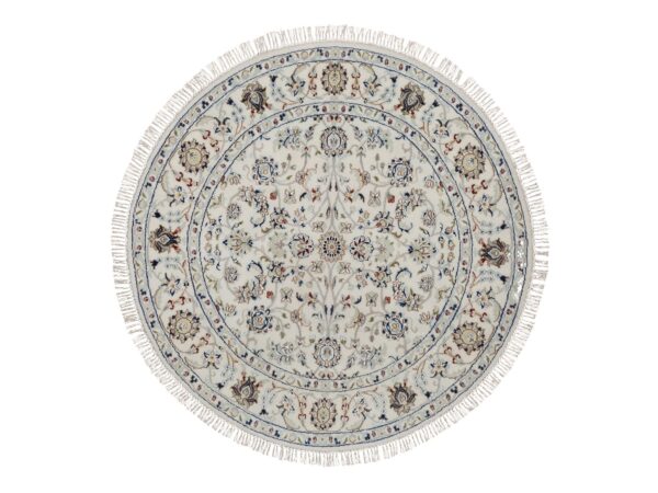 4'x4' Snow White, Nain with All Over Design, Wool and Silk, 250 KPSI, Hand Knotted, Soft Pile, Round, Oriental Rug HR92138