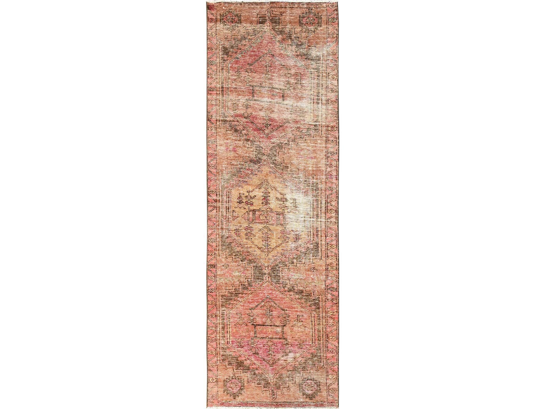 2'9"x9'1" Sand Brown, Vintage Northwest Persian with Serrated Medallions, 100% Wool, Hand Knotted, Worn and Distressed, Cropped Thin, Sides and Ends Professionally Secured, Runner, Oriental Rug HR1685