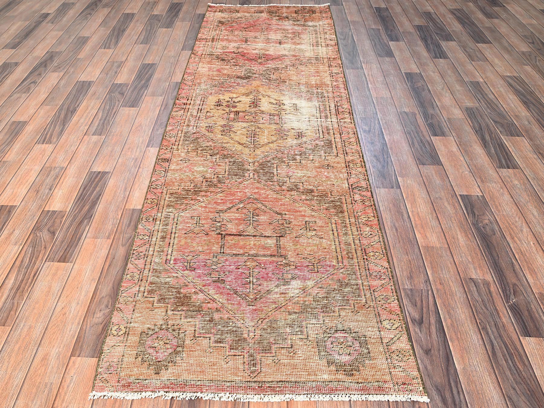 2'9"x9'1" Sand Brown, Vintage Northwest Persian with Serrated Medallions, 100% Wool, Hand Knotted, Worn and Distressed, Cropped Thin, Sides and Ends Professionally Secured, Runner, Oriental Rug HR1685 - Image 2