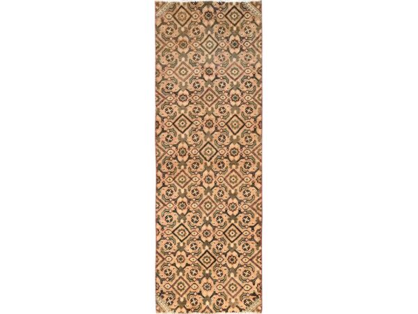 2'5"x7'6" Hazelnut Brown, Vintage Persian Tabriz with Fish Mahi All Over Geometric Herat Design, Worn and Distressed, Sheared Low, Zero Pile, Hand Knotted, 100% Wool, Runner, Oriental Rug HR1714