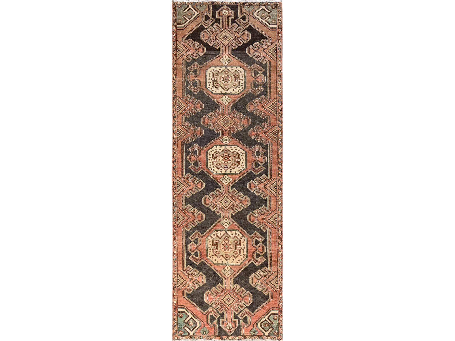 2'10"x9' Chocolate Brown, Vintage Northwest Persian with Geometric Medallions Design, 100% Wool, Hand Knotted, Cropped Thin, Even Wear, Sides and Ends Professionally Secured, Good Condition, Runner, Oriental Rug HR1716