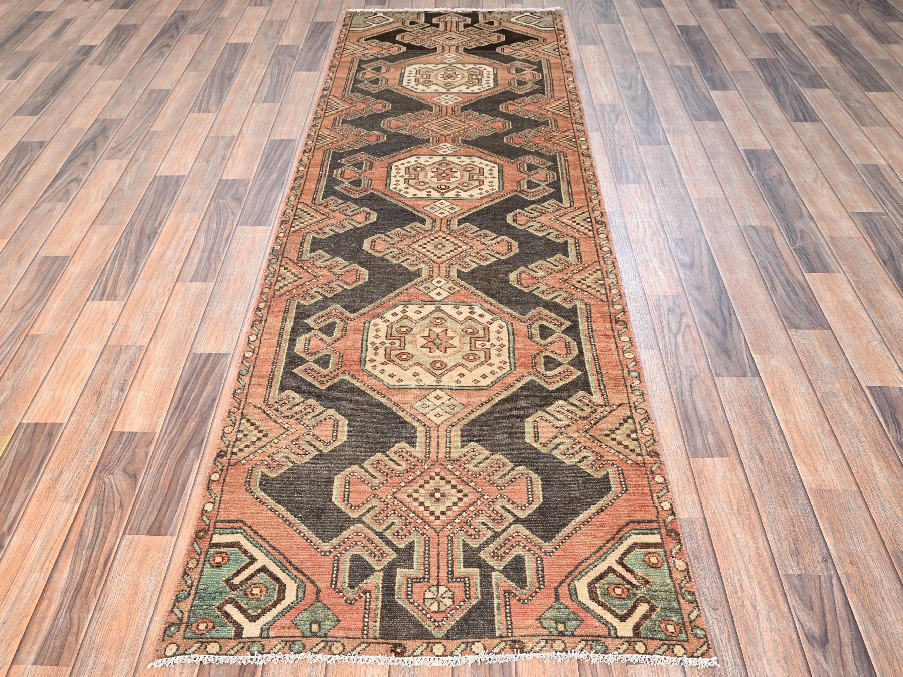 2'10"x9' Chocolate Brown, Vintage Northwest Persian with Geometric Medallions Design, 100% Wool, Hand Knotted, Cropped Thin, Even Wear, Sides and Ends Professionally Secured, Good Condition, Runner, Oriental Rug HR1716 - Image 2