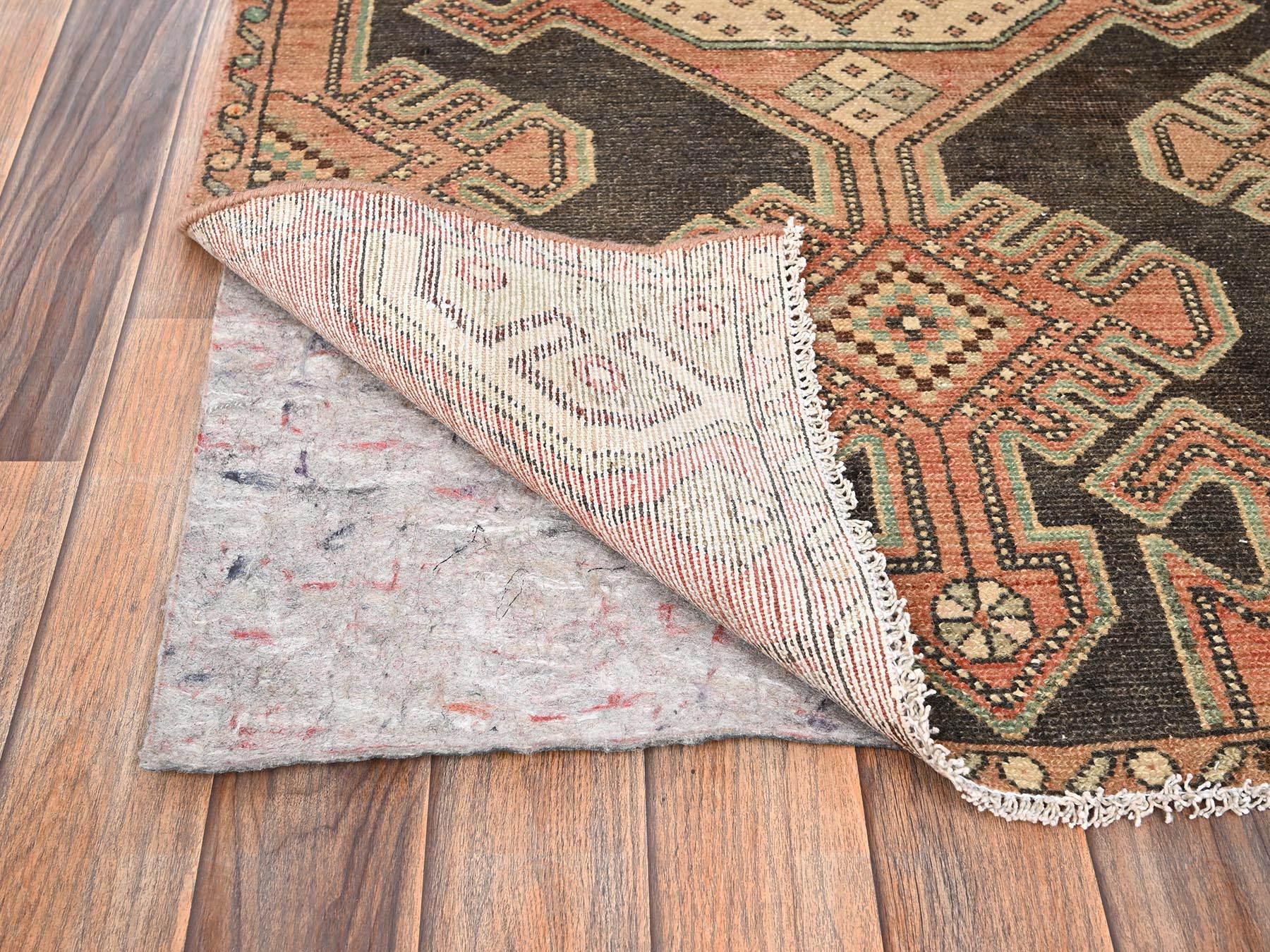 2'10"x9' Chocolate Brown, Vintage Northwest Persian with Geometric Medallions Design, 100% Wool, Hand Knotted, Cropped Thin, Even Wear, Sides and Ends Professionally Secured, Good Condition, Runner, Oriental Rug HR1716 - Image 3