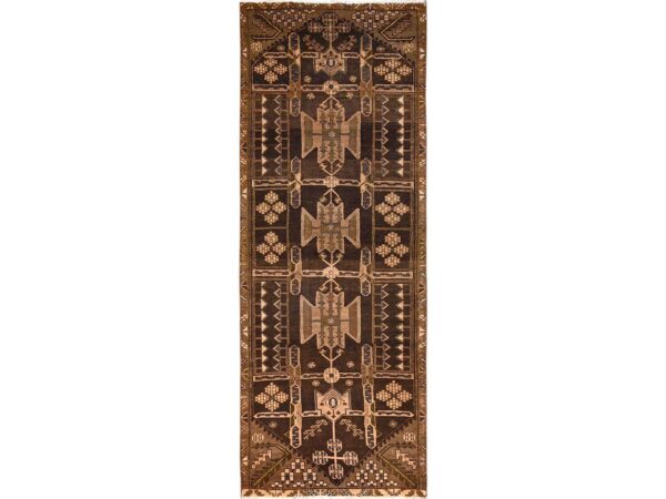 3'5"x9'3" Chocolate Brown, Vintage Persian Bakhtiar, Hand Knotted, 100% Wool, Worn and Distressed, Sheared Low, Zero Pile, Sides and Ends Professionally Secured, Wide Runner, Oriental Rug HR1724