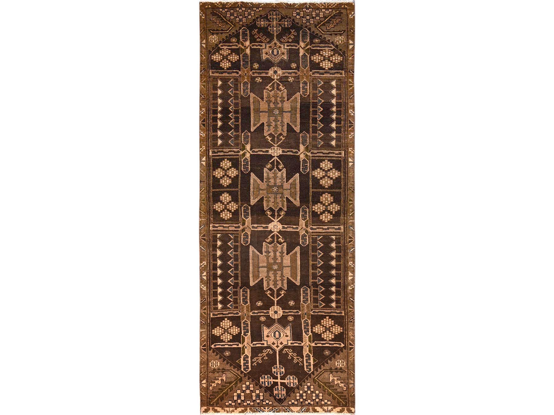 3'5"x9'3" Chocolate Brown, Vintage Persian Bakhtiar, Hand Knotted, 100% Wool, Worn and Distressed, Sheared Low, Zero Pile, Sides and Ends Professionally Secured, Wide Runner, Oriental Rug HR1724