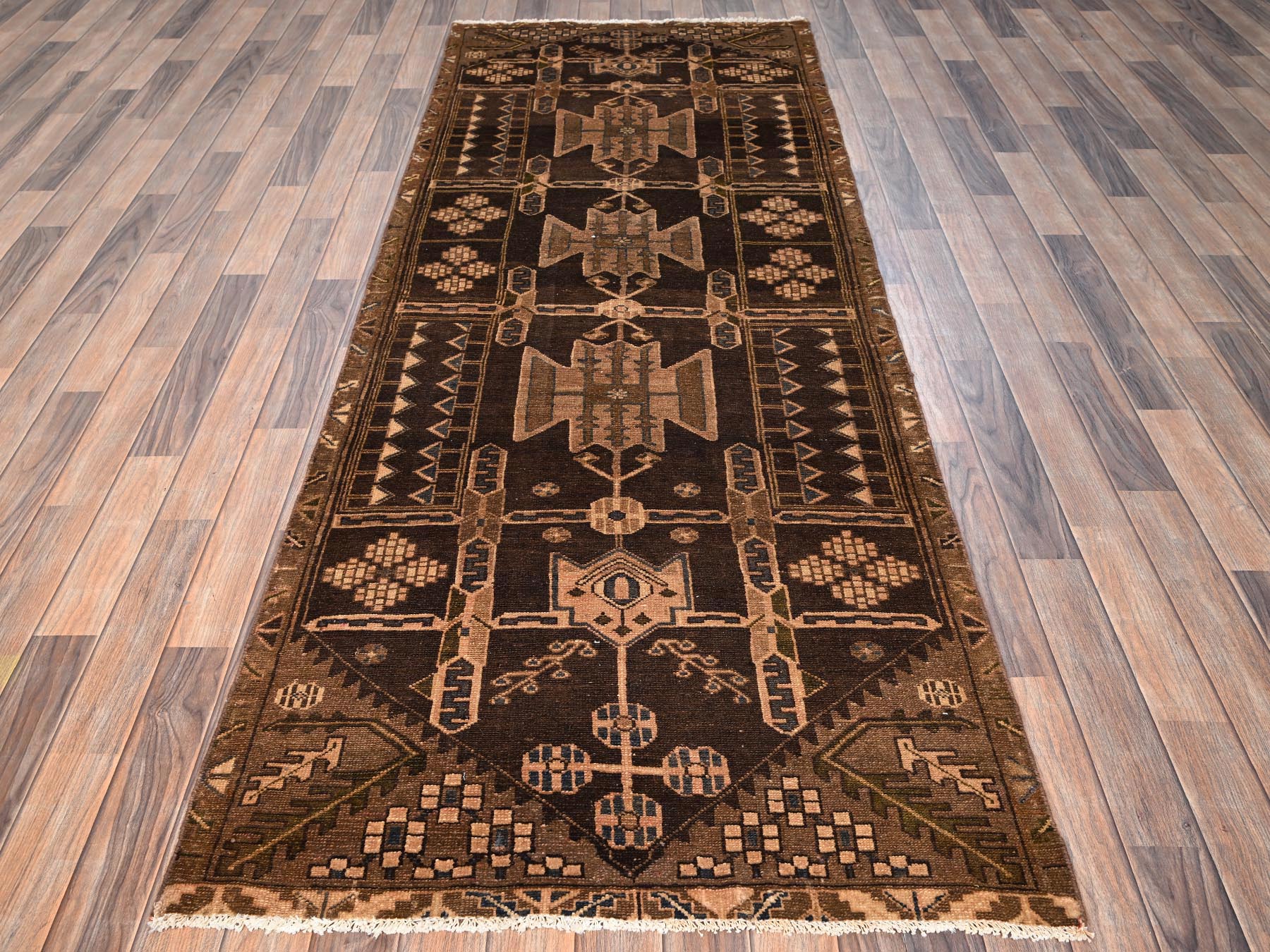 3'5"x9'3" Chocolate Brown, Vintage Persian Bakhtiar, Hand Knotted, 100% Wool, Worn and Distressed, Sheared Low, Zero Pile, Sides and Ends Professionally Secured, Wide Runner, Oriental Rug HR1724 - Image 2