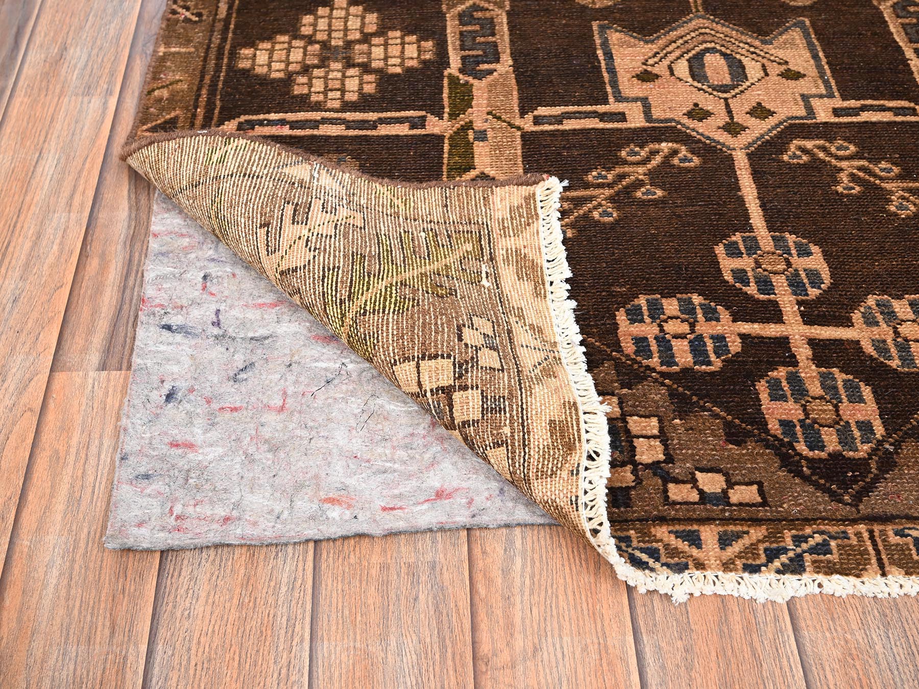 3'5"x9'3" Chocolate Brown, Vintage Persian Bakhtiar, Hand Knotted, 100% Wool, Worn and Distressed, Sheared Low, Zero Pile, Sides and Ends Professionally Secured, Wide Runner, Oriental Rug HR1724 - Image 3
