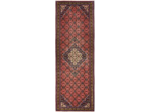 3'2"x9'2" Blush Red, Vintage Persian Hamadan with Geometric Medallion Design, Worn Out and Distressed, Zero Pile, Clean, Hand Knotted, 100% Wool, Runner, Oriental Rug HR1748