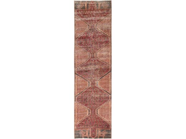 2'5"x9'5" Desire Red, Vintage Northwest Persian, Geometric Design with Ancient Bird Figurines, Sheared Low, Zero Pile, Sides and Ends Professionally Secured, Hand Knotted, 100% Wool, Runner, Oriental Rug HR1752