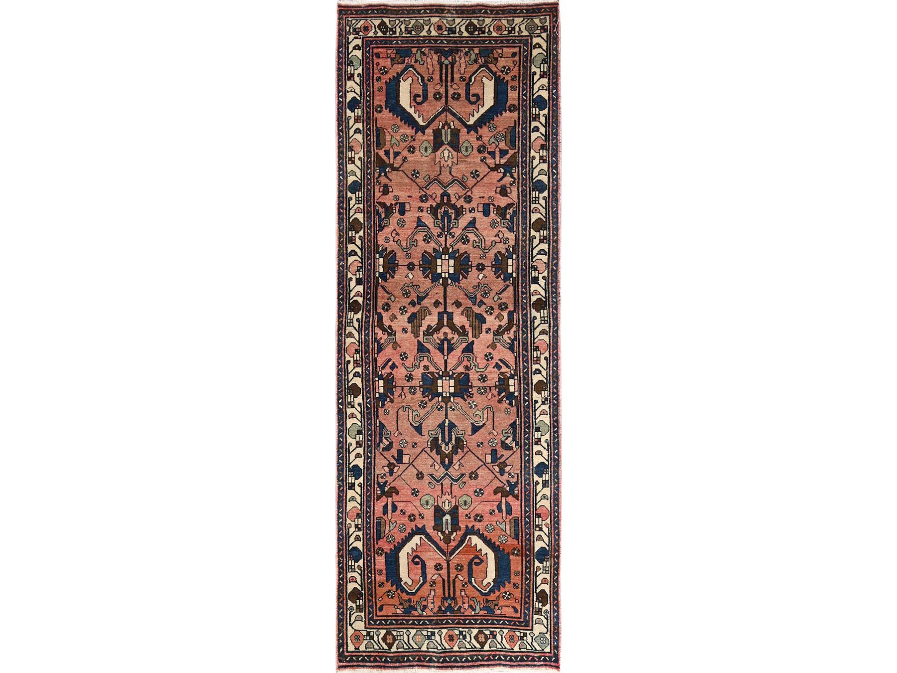 3'1"x9'9" Salmon Pink, Vintage Northwest Persian, Worn and Distressed, Sheared Low, Zero Pile, Sides and Ends Professionally Secured, Hand Knotted, 100% Wool, Wide Runner, Oriental Rug HR1761