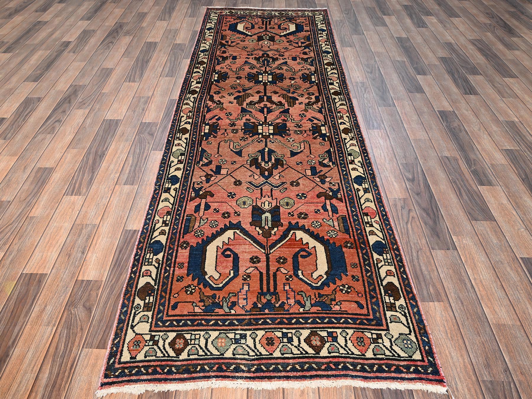 3'1"x9'9" Salmon Pink, Vintage Northwest Persian, Worn and Distressed, Sheared Low, Zero Pile, Sides and Ends Professionally Secured, Hand Knotted, 100% Wool, Wide Runner, Oriental Rug HR1761 - Image 2