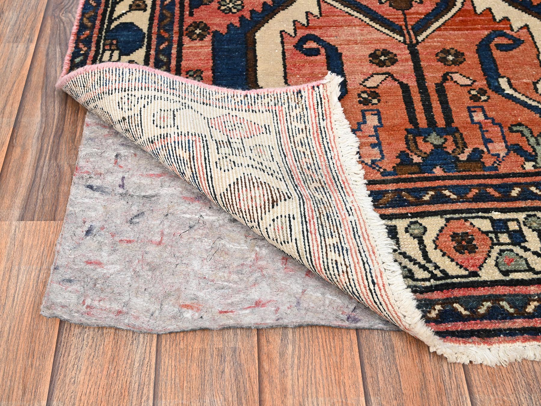 3'1"x9'9" Salmon Pink, Vintage Northwest Persian, Worn and Distressed, Sheared Low, Zero Pile, Sides and Ends Professionally Secured, Hand Knotted, 100% Wool, Wide Runner, Oriental Rug HR1761 - Image 3