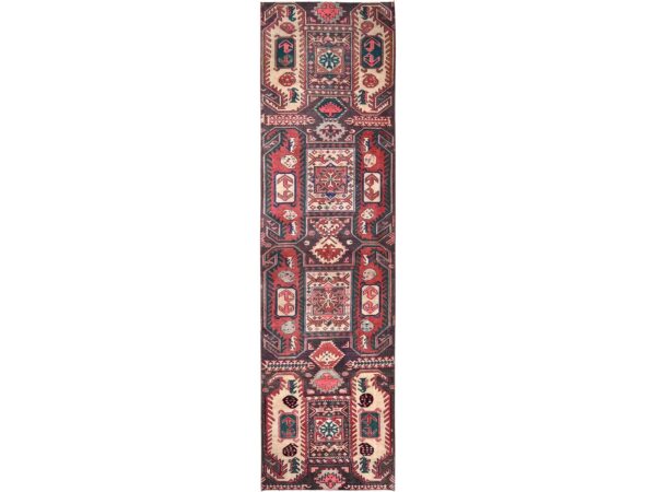 2'4"x9'5" Arctic Dusk Purple, Worn and Distressed, Vintage Northwest Persian with Geometric Medallions Design, Sheared Low, Zero Pile, Sides and Ends Professionally Secured, Hand Knotted, 100% Wool, Narrow Runner, Oriental Rug HR1787