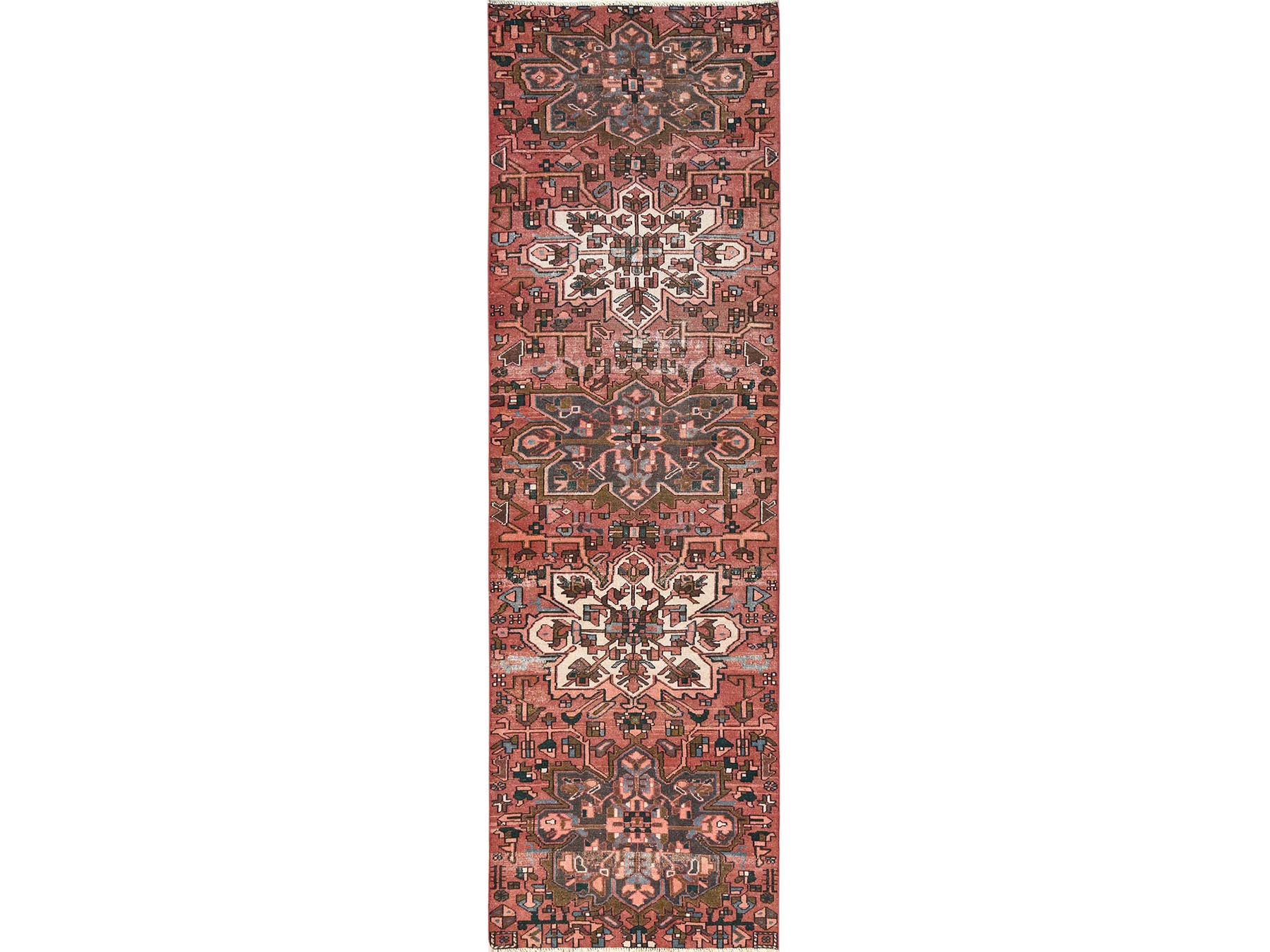 2'10"x9'9" Blush Red, Vintage Persian Karajeh with Medallions Design, Worn Down and Distressed, Cropped Thin, 100% Wool, Hand Knotted, Zero Pile, Sides and Ends Professionally Secured, Runner, Oriental Rug HR1800