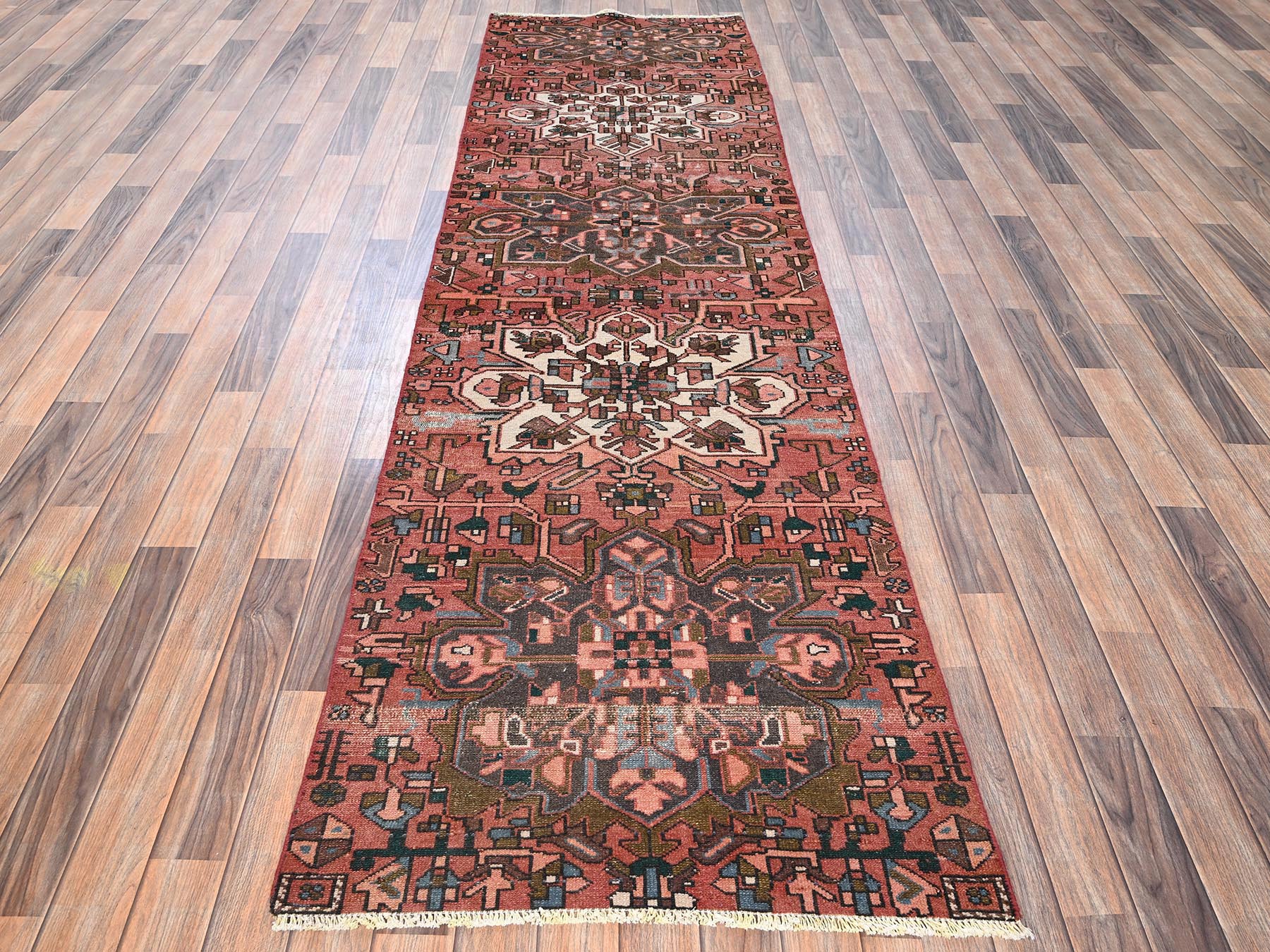 2'10"x9'9" Blush Red, Vintage Persian Karajeh with Medallions Design, Worn Down and Distressed, Cropped Thin, 100% Wool, Hand Knotted, Zero Pile, Sides and Ends Professionally Secured, Runner, Oriental Rug HR1800 - Image 2