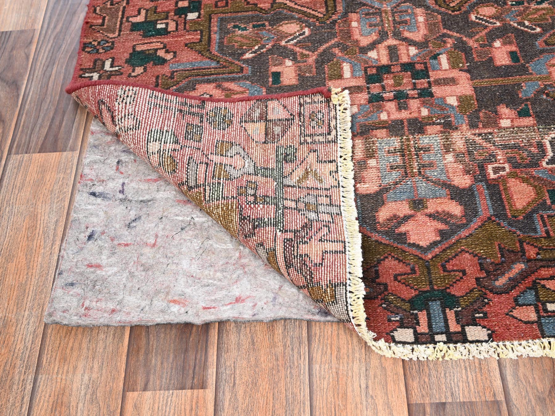 2'10"x9'9" Blush Red, Vintage Persian Karajeh with Medallions Design, Worn Down and Distressed, Cropped Thin, 100% Wool, Hand Knotted, Zero Pile, Sides and Ends Professionally Secured, Runner, Oriental Rug HR1800 - Image 3