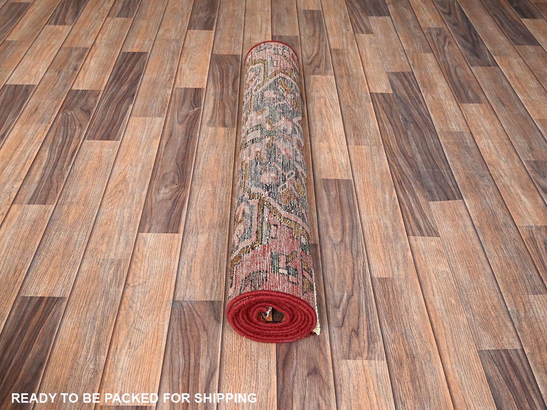 2'10"x9'9" Blush Red, Vintage Persian Karajeh with Medallions Design, Worn Down and Distressed, Cropped Thin, 100% Wool, Hand Knotted, Zero Pile, Sides and Ends Professionally Secured, Runner, Oriental Rug HR1800 - Image 5