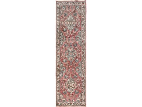 3'2"x11' Blush Red, Vintage Persian Tabriz with Flower Medallions, Worn Down and Distressed, 100% Wool, Hand Knotted, Zero Pile, Sides and Ends Professionally Secured, Wide Runner, Oriental Rug HR1803