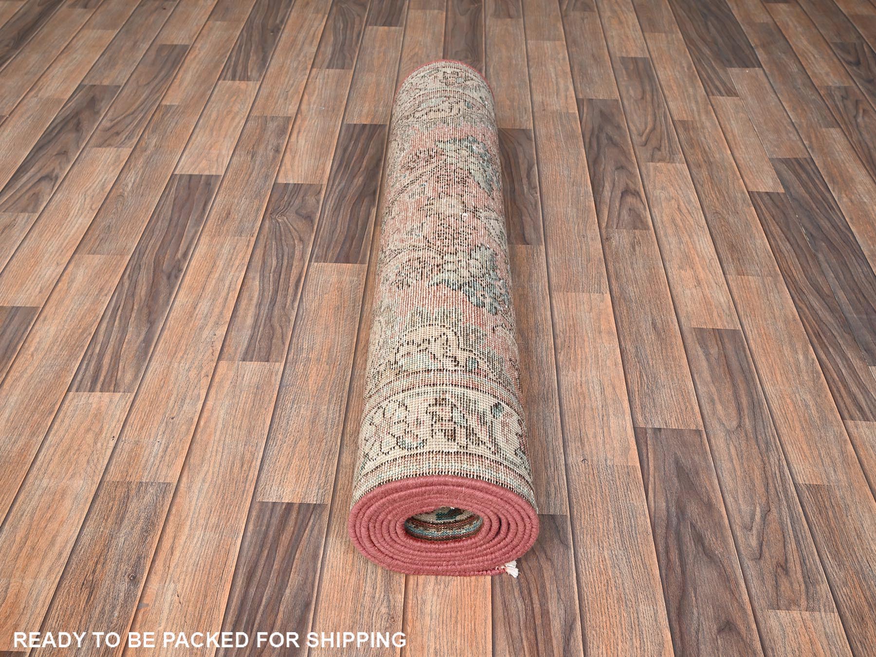 3'2"x11' Blush Red, Vintage Persian Tabriz with Flower Medallions, Worn Down and Distressed, 100% Wool, Hand Knotted, Zero Pile, Sides and Ends Professionally Secured, Wide Runner, Oriental Rug HR1803 - Image 5