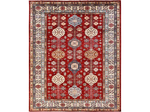 8'1"x9'9" Scarlet Red, Afghan Super Kazak with Geometric Medallions Design, Hand Knotted, Pure Wool, Vegetable Dyes, Oriental Rug HR1825