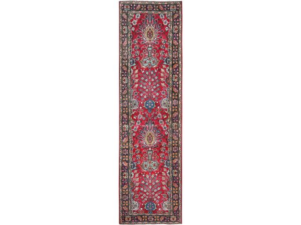 2'8"x10' Ajax Red, Vintage Persian Tabriz with Flower Bouquet and Vase Design, Worn Out and Distressed, Zero Pile, Clean, Hand Knotted, 100% Wool, Runner, Oriental Rug HR1845