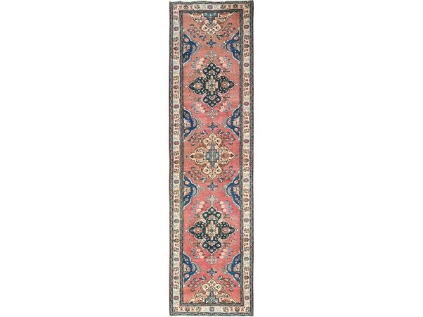 2'9"x11'1" Coral Pink, Vintage Persian Tabriz with Open Field Design, Hand Knotted, Worn Down and Distressed, 100% Wool, Zero Pile, Sides and Ends Professionally Secured, Runner, Oriental Rug HR1859
