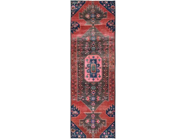 2'9"x8'10" Auburn Red, Vintage Persian Hamadan with Geometric Pattern, Worn Down and Distressed, 100% Wool, Hand Knotted, Zero Pile, Sides and Ends Professionally Secured, Runner, Oriental Rug HR1860