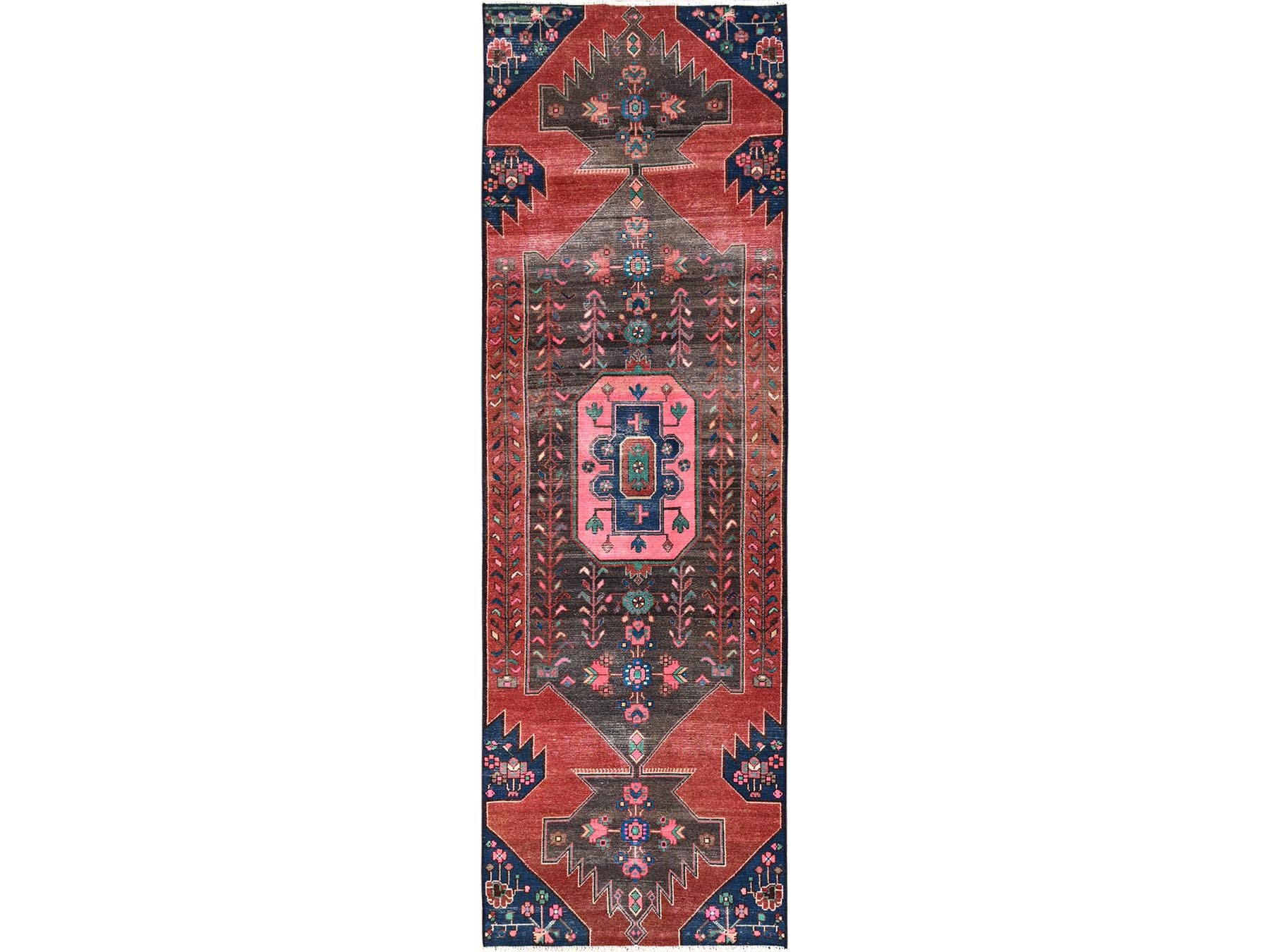 2'9"x8'10" Auburn Red, Vintage Persian Hamadan with Geometric Pattern, Worn Down and Distressed, 100% Wool, Hand Knotted, Zero Pile, Sides and Ends Professionally Secured, Runner, Oriental Rug HR1860