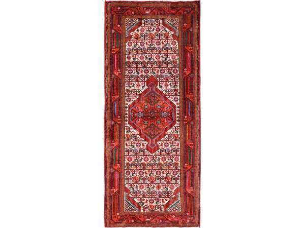 2'8"x6'6" Daisy White, New Persian Hamadan with Geometric Medallion, Full Pile and Soft, Hand Knotted, Pure Wool, Runner, Oriental Rug HR1875