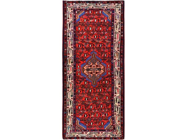 2'9"x6'4" Crimson Red, New Persian Hamadan with Geometric Medallion, Hand Knotted, Full Pile and Soft, Pure Wool, Runner, Oriental Rug HR1881