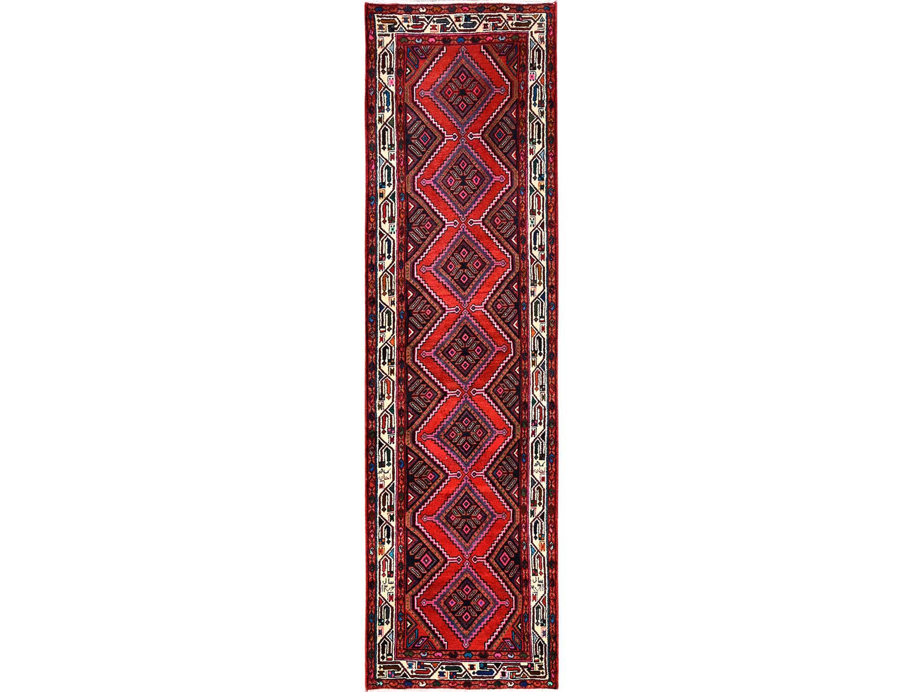 2'6"x9'5" Ajax Red, New Persian Hamadan with Geometric Pattern, Hand Knotted, Full Pile and Soft, Pure Wool, Runner, Oriental Rug HR1889
