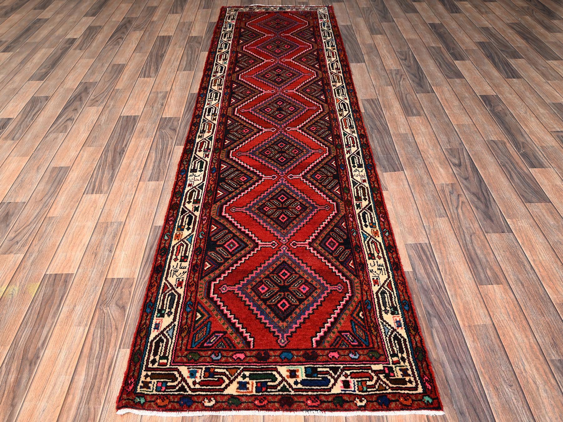2'6"x9'5" Ajax Red, New Persian Hamadan with Geometric Pattern, Hand Knotted, Full Pile and Soft, Pure Wool, Runner, Oriental Rug HR1889 - Image 2