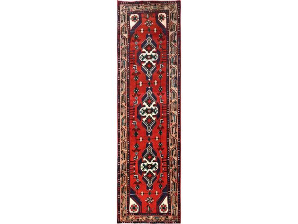 2'6"x9'6" Crimson Red, Pure Wool, New Persian Hamadan with Geometric Medallions, Full Pile and Soft, Hand Knotted, Runner, Oriental Rug HR1893