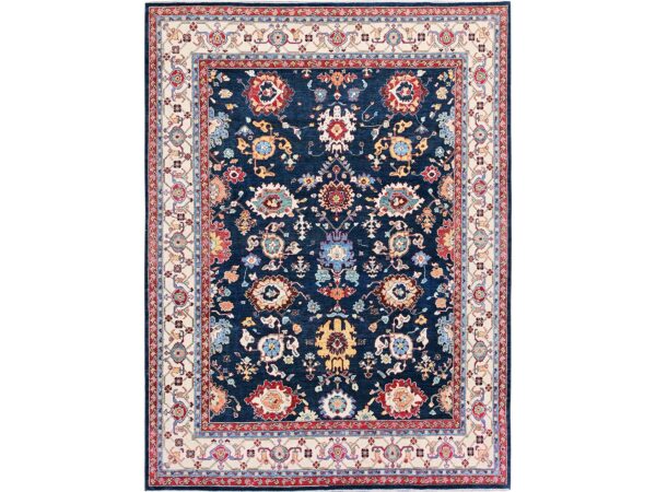 8'10"x11'9" Navy Blue, Afghan Peshawar with Heriz All Over Design, Soft 100% Wool, Hand Knotted, Densely Woven, Oriental Rug HR320