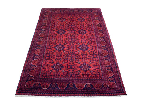 4'2"x6'6" Deep and Saturated Red Afghan Khamyab with Geometric Design Denser Weave with Shiny Wool Hand Knotted Oriental Rug HR68556