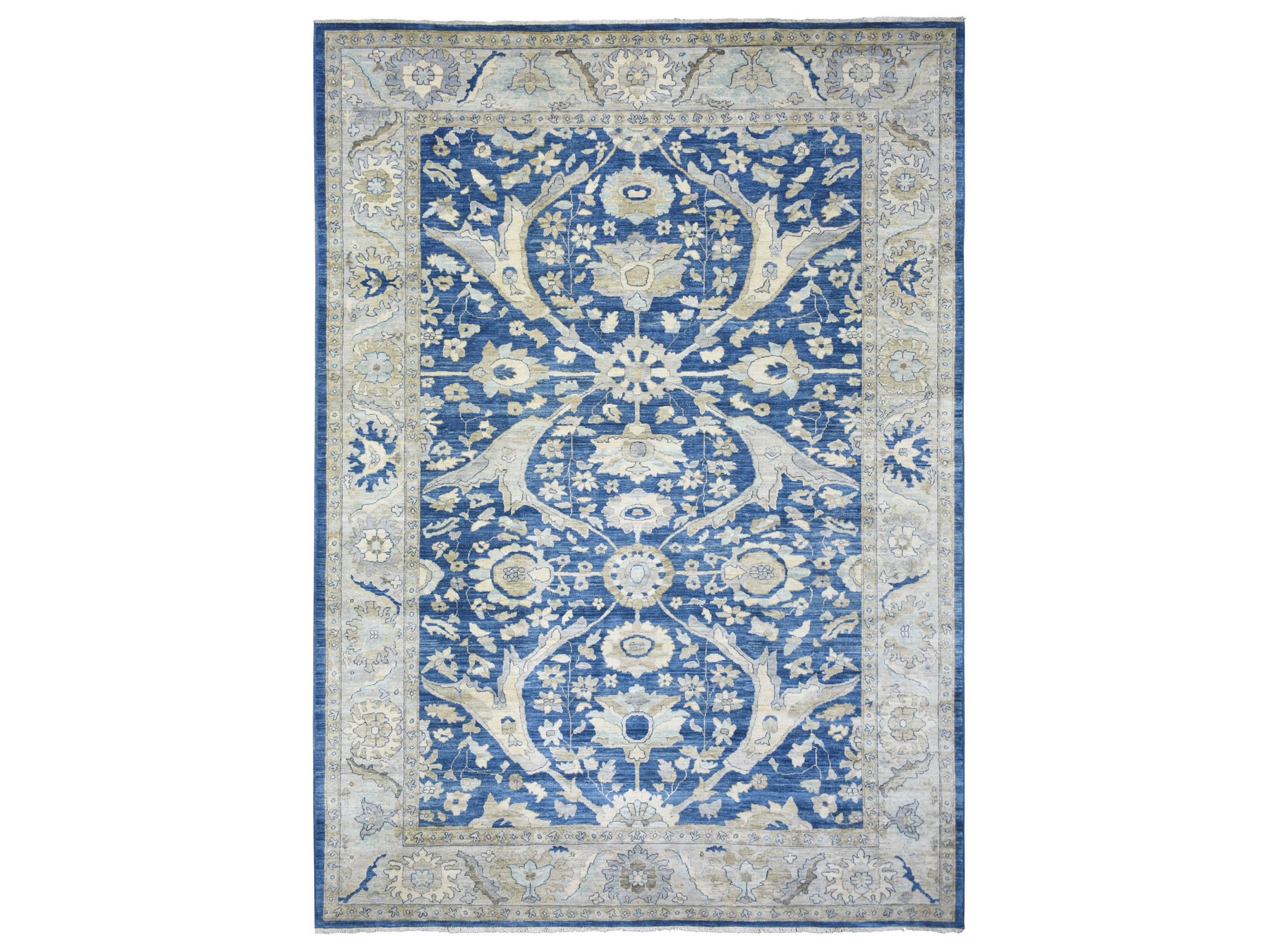 8'10"x12'4" Denim Blue, Soft Wool Hand Knotted, Fine Peshawar with All Over Flower Design Densely Woven, Oriental Rug HR71940