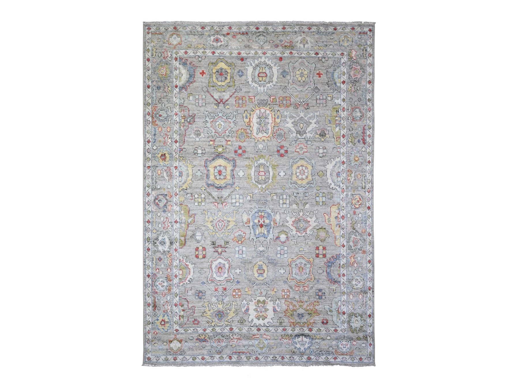 6'1"x9' Cloud Gray, Afghan Angora Oushak with Tribal Medallions Natural Dyes, Extra Soft Wool Hand Knotted, Oriental Rug HR73611