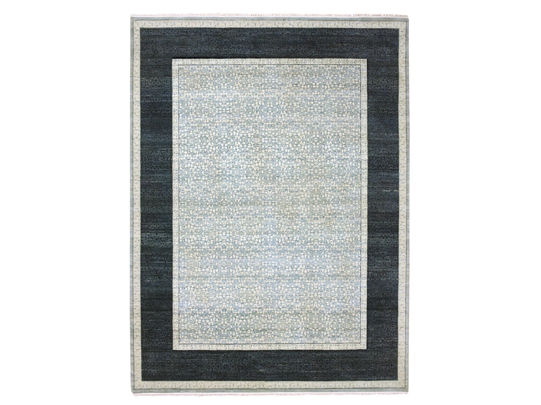 9'x12'3" Shades of Blue, Leaf All Over Pattern with A Distinct Contrasting Border Colors, Tone on Tone, Pure Wool Hand Knotted, Oriental Rug HR75253