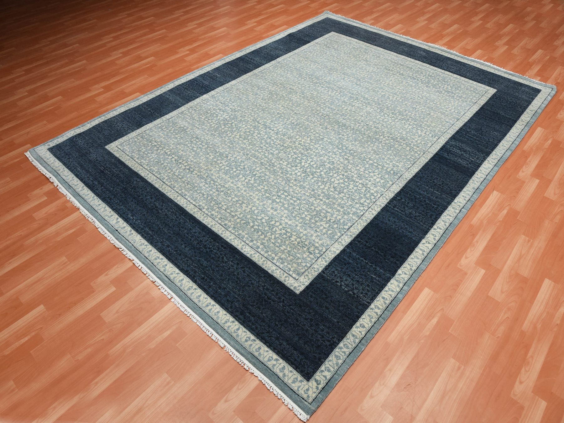 9'x12'3" Shades of Blue, Leaf All Over Pattern with A Distinct Contrasting Border Colors, Tone on Tone, Pure Wool Hand Knotted, Oriental Rug HR75253 - Image 3