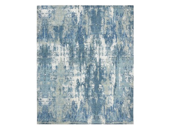 8'1"x10' Shades of Blue, Abstract Design, Hi-Low Pile, Wool and Real Silk, Denser Weave, Hand Knotted, Oriental Rug HR75532