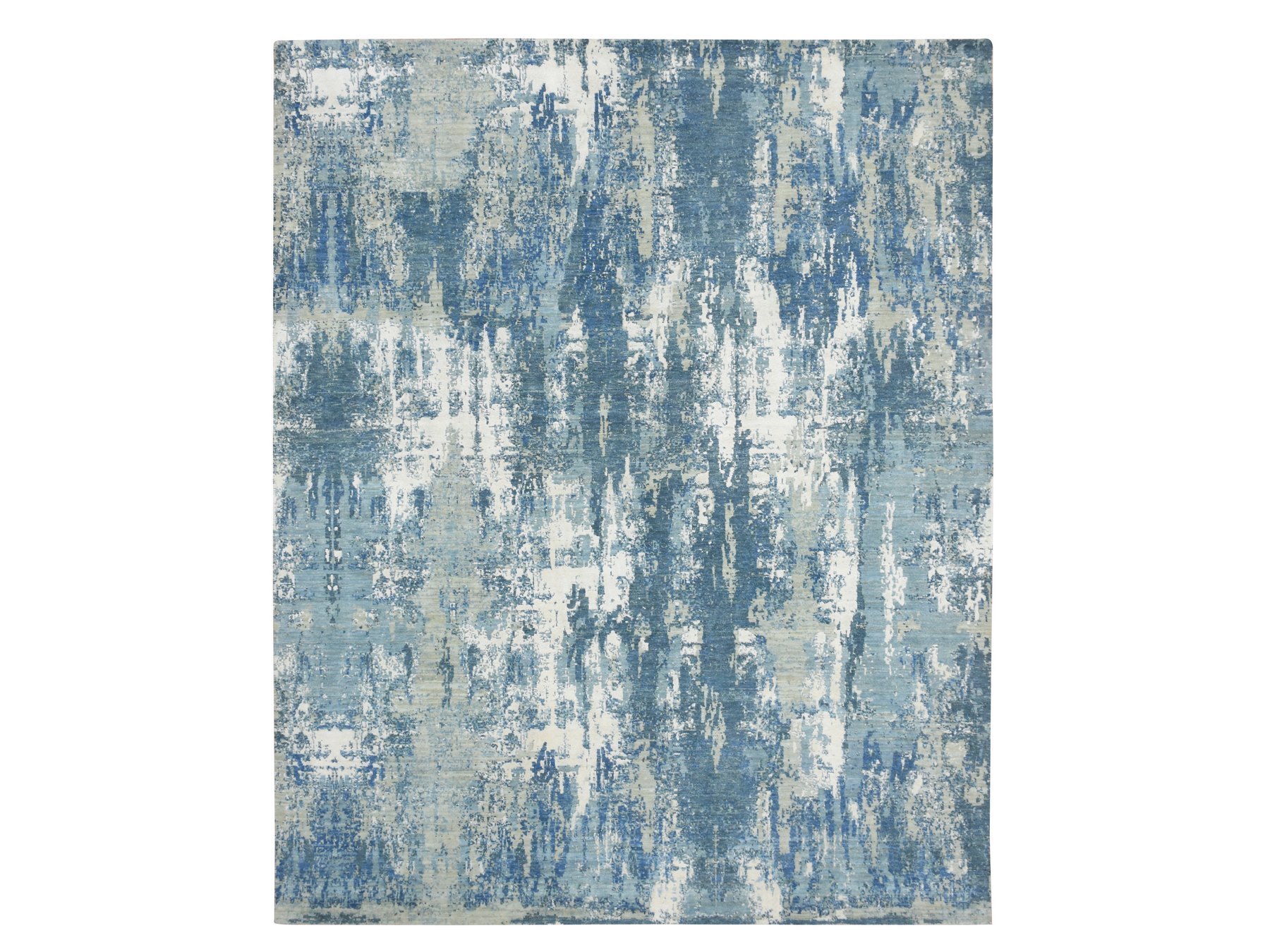 8'1"x10' Shades of Blue, Abstract Design, Hi-Low Pile, Wool and Real Silk, Denser Weave, Hand Knotted, Oriental Rug HR75532