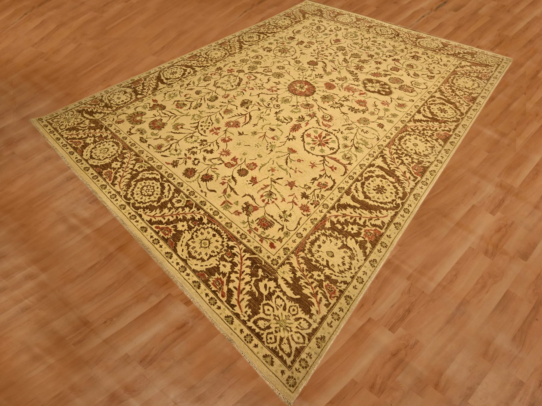 10'x13'10" Biscotti Brown, Agra, All Over Leaf Design, Zero Pile, 100% Wool, Hand Knotted, Vegetable Dyes, Oriental Rug HR76170 - Image 3