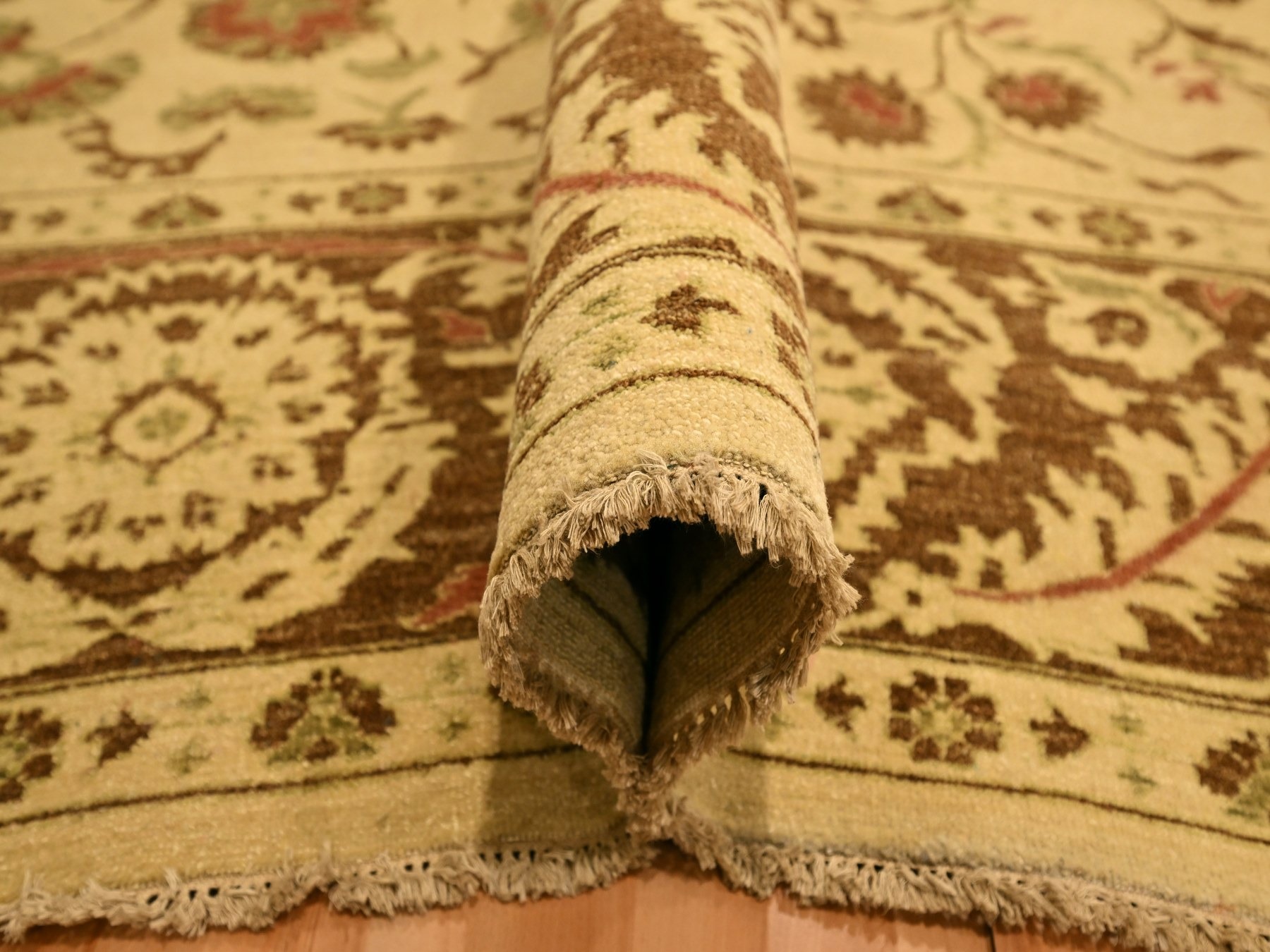 10'x13'10" Biscotti Brown, Agra, All Over Leaf Design, Zero Pile, 100% Wool, Hand Knotted, Vegetable Dyes, Oriental Rug HR76170 - Image 5
