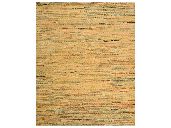 8'x10'3" Golden Yellow, Striae Design with Chicken Wire Pattern, Wool and Sari Silk, Hand Knotted, Oriental Rug HR76190