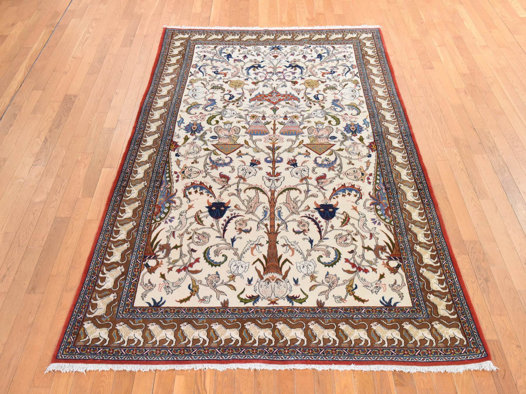 6'x9'5" Lace White, Vintage Persian Ghom, All Over Design with Angels and Faces, Pure Wool, Hand Knotted, Good Condition, Clean, Full Pile, Oriental Rug HR78523 - Image 2
