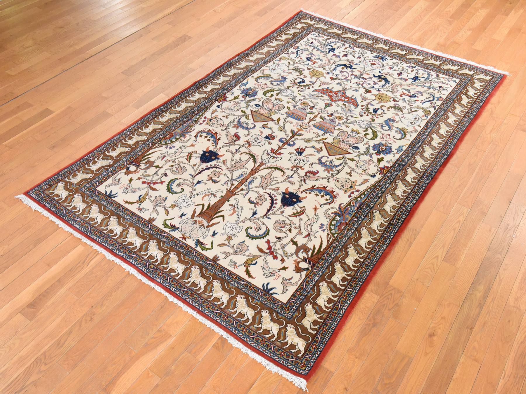 6'x9'5" Lace White, Vintage Persian Ghom, All Over Design with Angels and Faces, Pure Wool, Hand Knotted, Good Condition, Clean, Full Pile, Oriental Rug HR78523 - Image 3