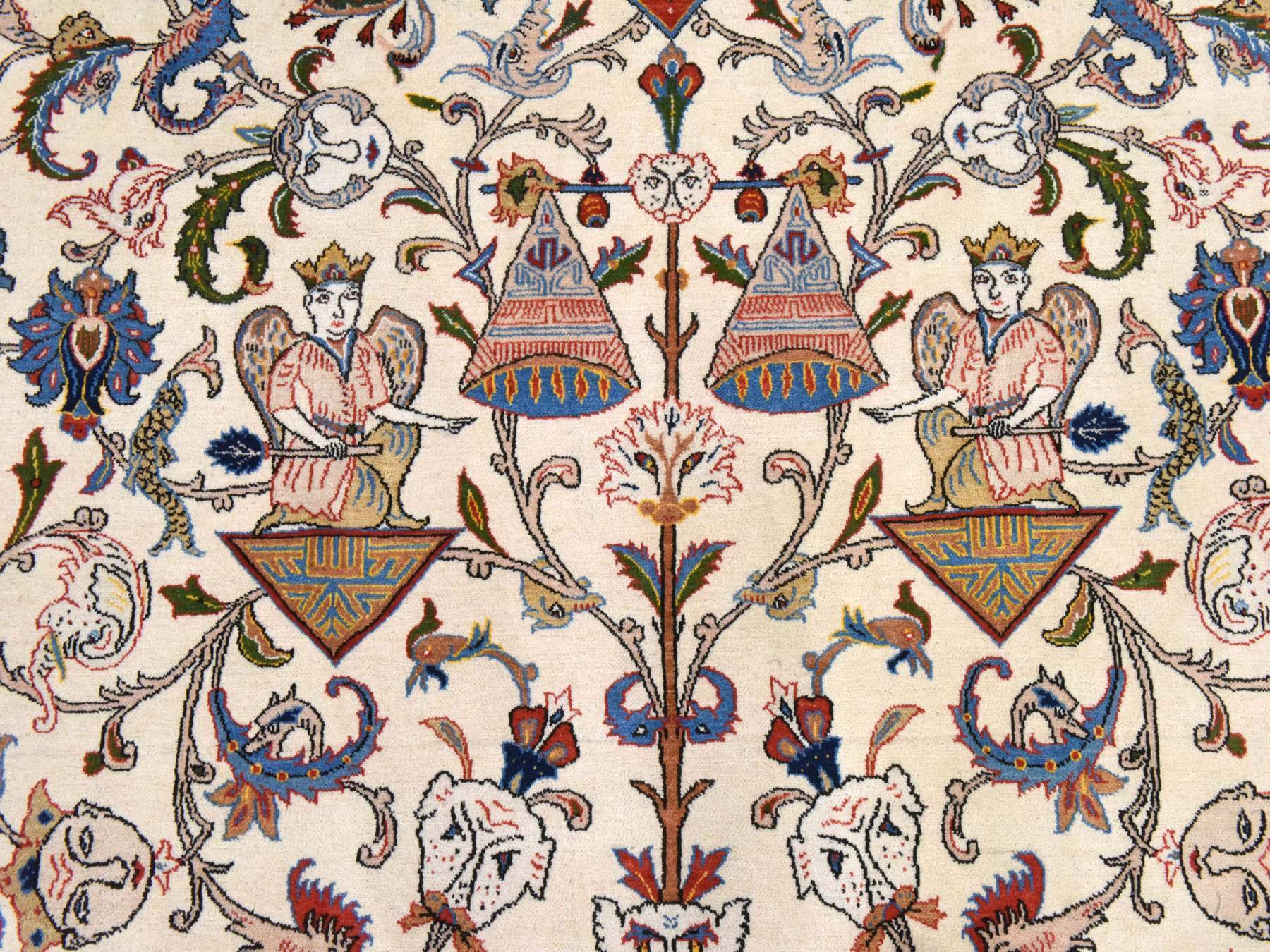6'x9'5" Lace White, Vintage Persian Ghom, All Over Design with Angels and Faces, Pure Wool, Hand Knotted, Good Condition, Clean, Full Pile, Oriental Rug HR78523 - Image 4