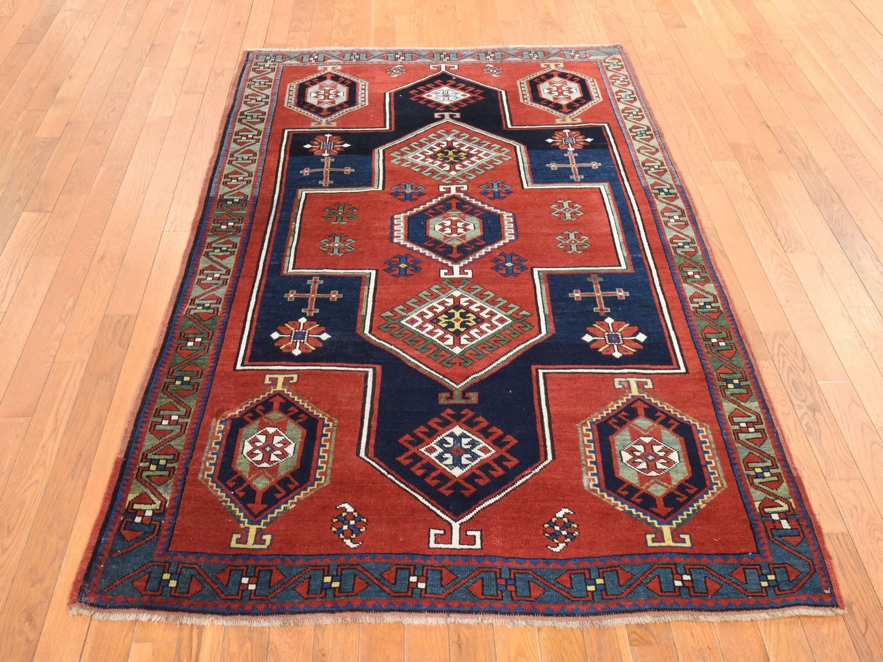 4'9"x7'1" Scarlet Red, Antique Caucasian Armenian Kazak, Pure Wool, Hand Knotted, Good Condition, Clean, Oriental Rug HR78531 - Image 2
