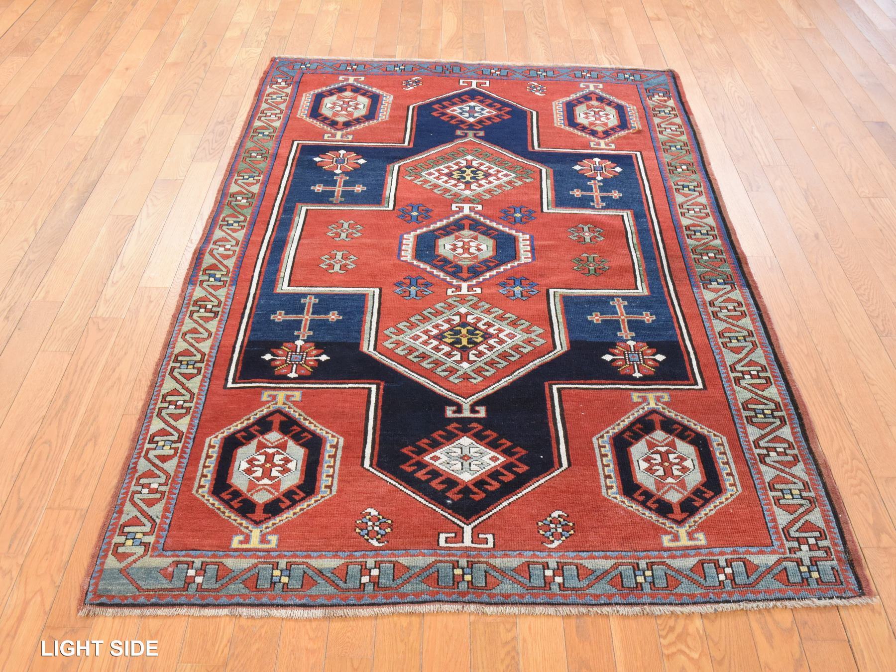 4'9"x7'1" Scarlet Red, Antique Caucasian Armenian Kazak, Pure Wool, Hand Knotted, Good Condition, Clean, Oriental Rug HR78531 - Image 3