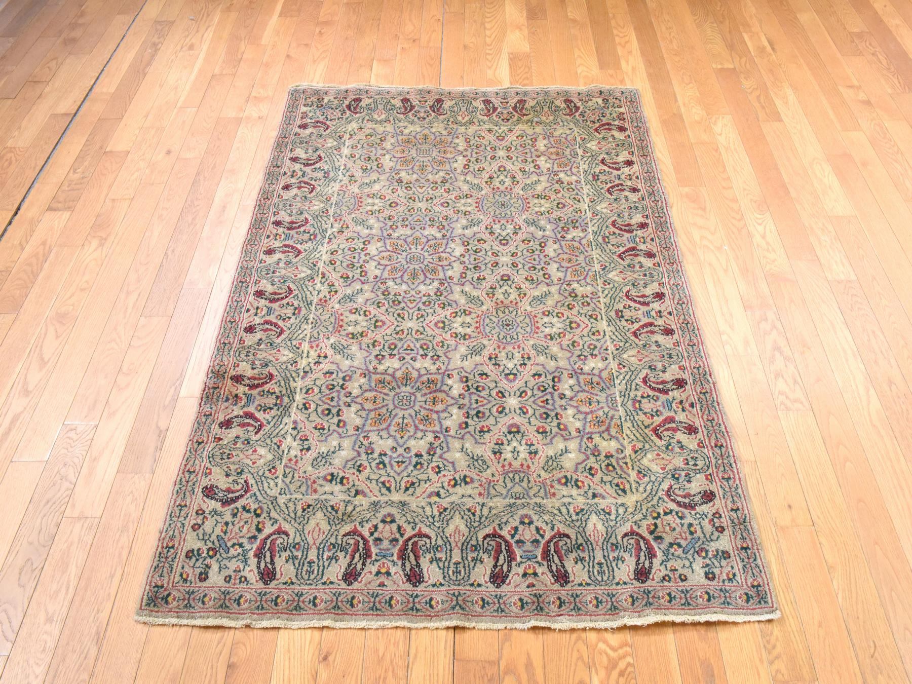 4'1"x5'10" Sand Brown, Vintage Persian Ghom, Flower Design, Pure Wool, Hand Knotted, Good Condition, Full Pile, Clean, Oriental Rug HR78533 - Image 2